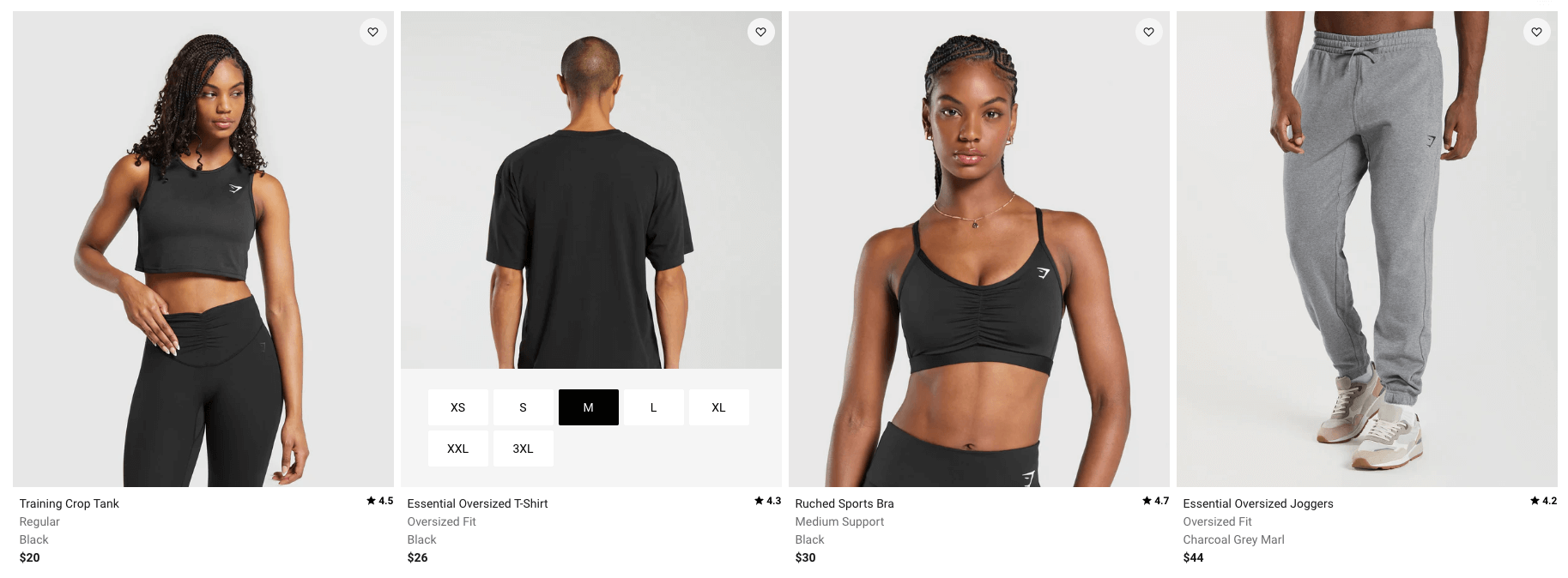 GymShark website highlighting a Size Selector on product cards