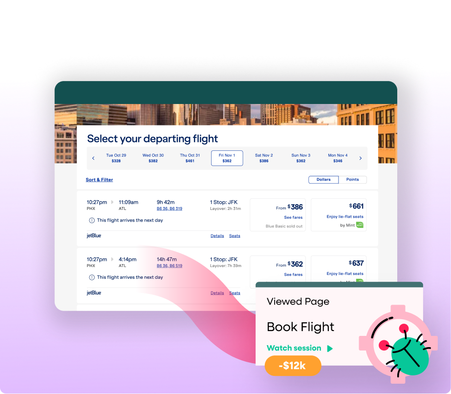 Flight booking interface showing departure options with prices, overlaid with a promotional popup for booking flights.