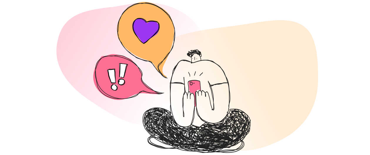 an illustrated person sitting crisscross on a pink phone with a heart and exclamation speech bubble 