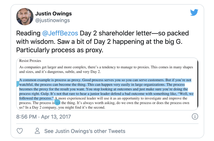 Screenshot of a retweet about a 2017 Amazon shareholder letter.