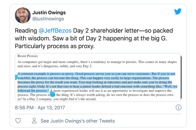 Screenshot of a retweet about a 2017 Amazon shareholder letter.