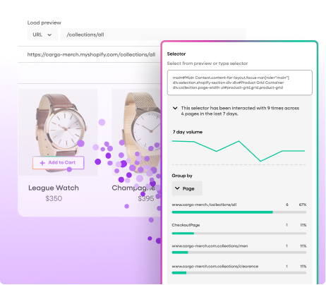 Digital product page showing user activity on an 'Add to Cart' button, with a pop-up displaying Selector details, interaction volume, and page distribution for reliable event analysis.