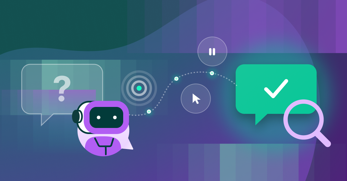 Purple and white chatbot with speech bubbles, cursor, checkmark, and magnifying glass on gradient blue-purple background.