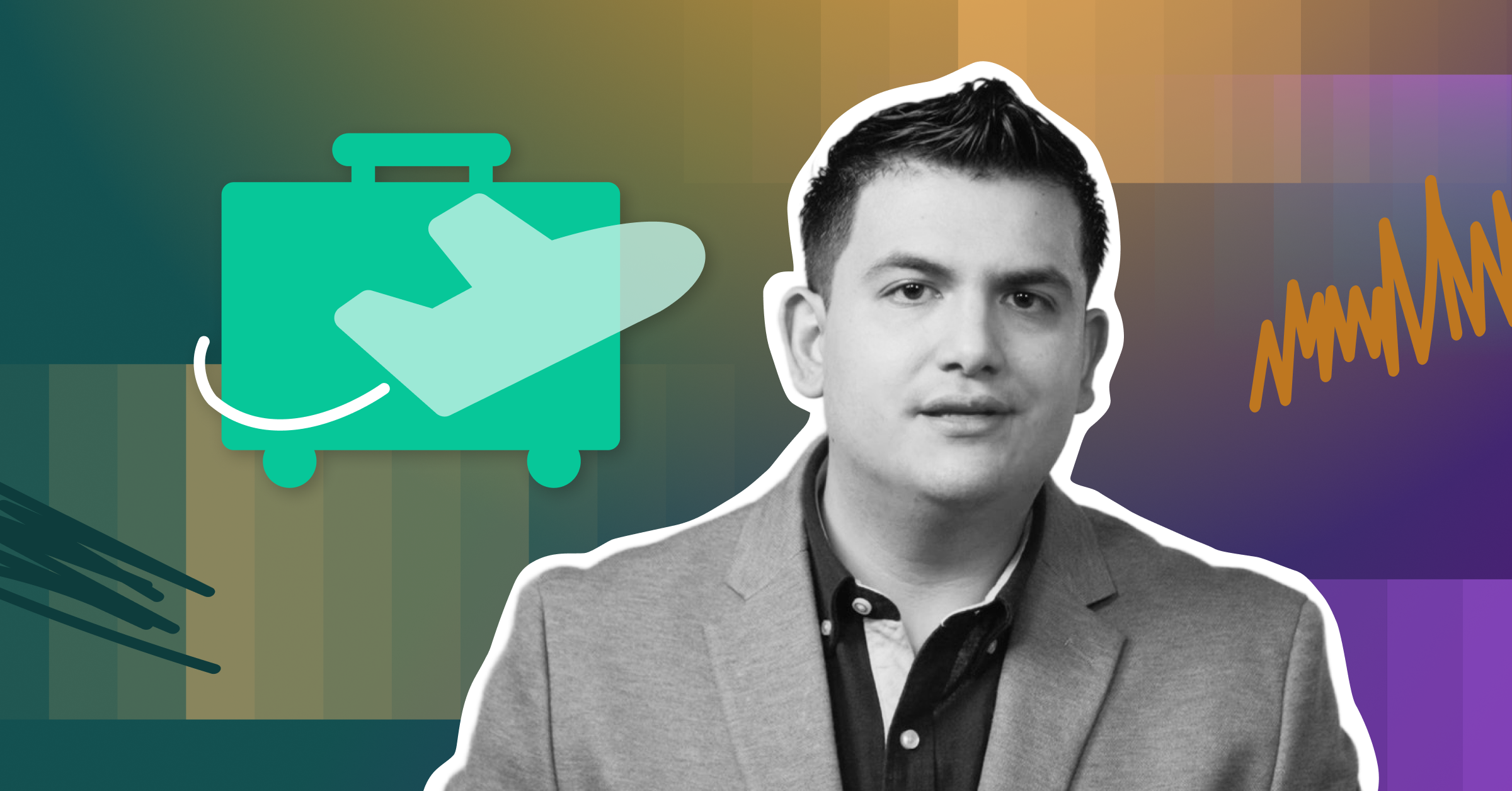 Man in gray blazer against colorful gradient background with teal shopping bag icon and orange waveform graphic.