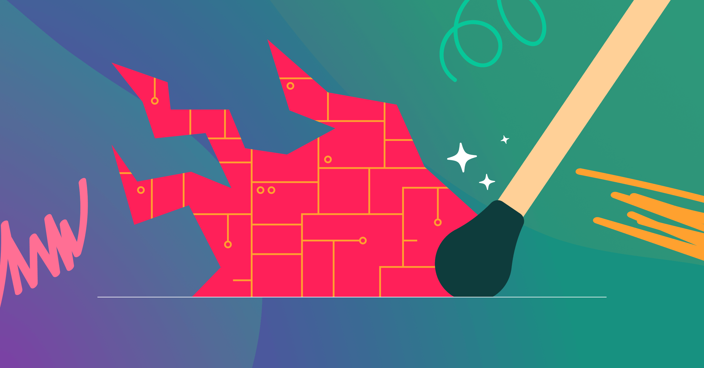 Illustration of a lit match striking against a jagged, brick-like magenta formation with circuit-style connector lines, symbolizing digital friction sparking into a bigger problem.