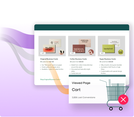 E-commerce product page showing a shopping cart icon with an 'X' and a number of Lost Conversions, highlighting major checkout friction costing online sales.