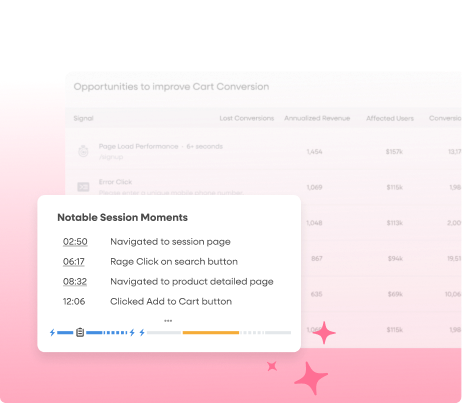 Dashboard showing Notable Session Moments like a 'Rage Click on search button' and 'Clicked Add to Cart button', aiding marketing in optimizing conversion flows by uncovering friction.