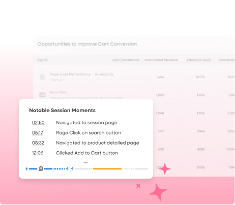 Dashboard showing Notable Session Moments like a 'Rage Click on search button' and 'Clicked Add to Cart button', aiding marketing in optimizing conversion flows by uncovering friction.