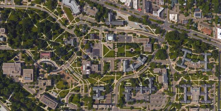 Aerial shot of Michigan State University campus showing many desire paths