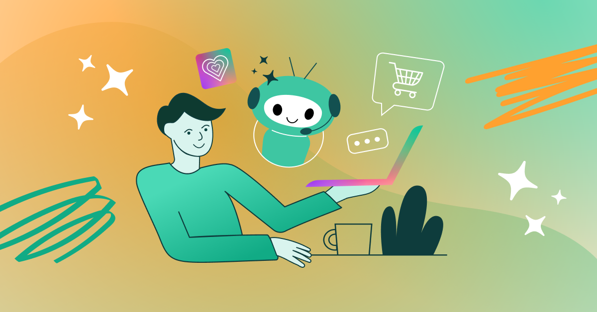 Illustration of a smiling analyst holding an open laptop while a friendly teal robot hovers nearby with chat and shopping-cart icons—visualizing AI maturity assessment for organizations.