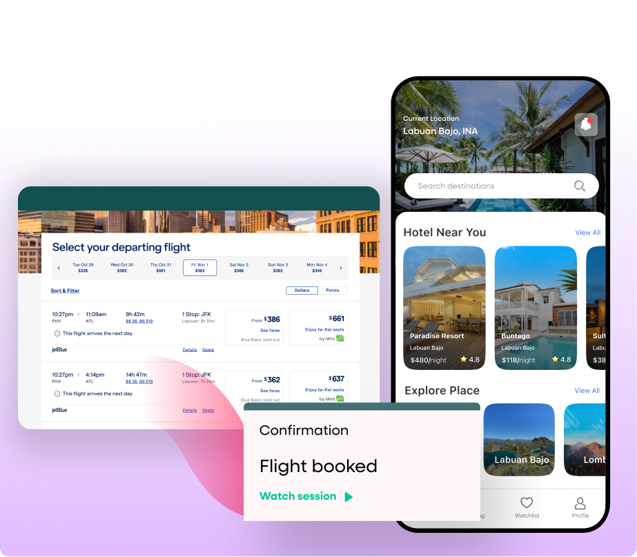 Travel app interface showing flight selection, hotel listings near Labuan Bajo, and a flight booking confirmation popup.