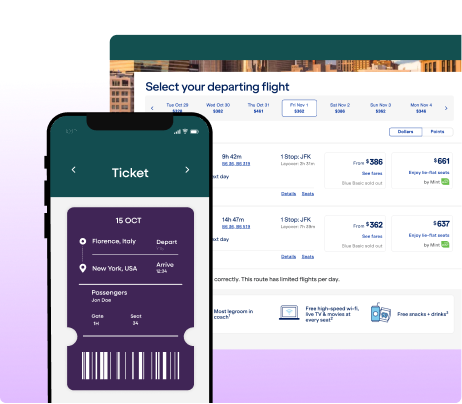 A mobile screen displaying a flight ticket from Florence to New York over a desktop flight selection page, illustrating seamless analytics cross-device booking flow in the travel and hospitality industries.