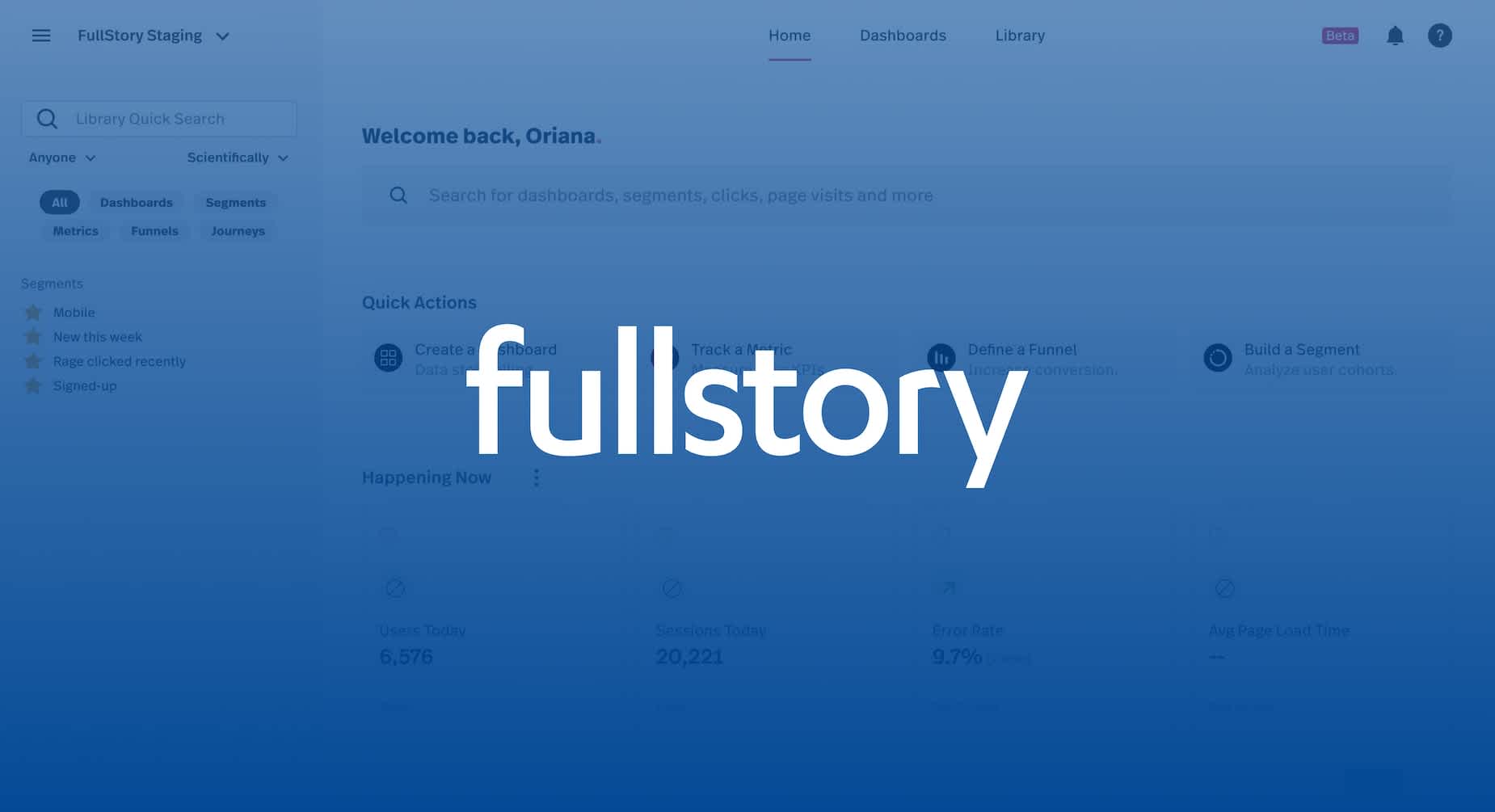 FullStory logo over a blue background