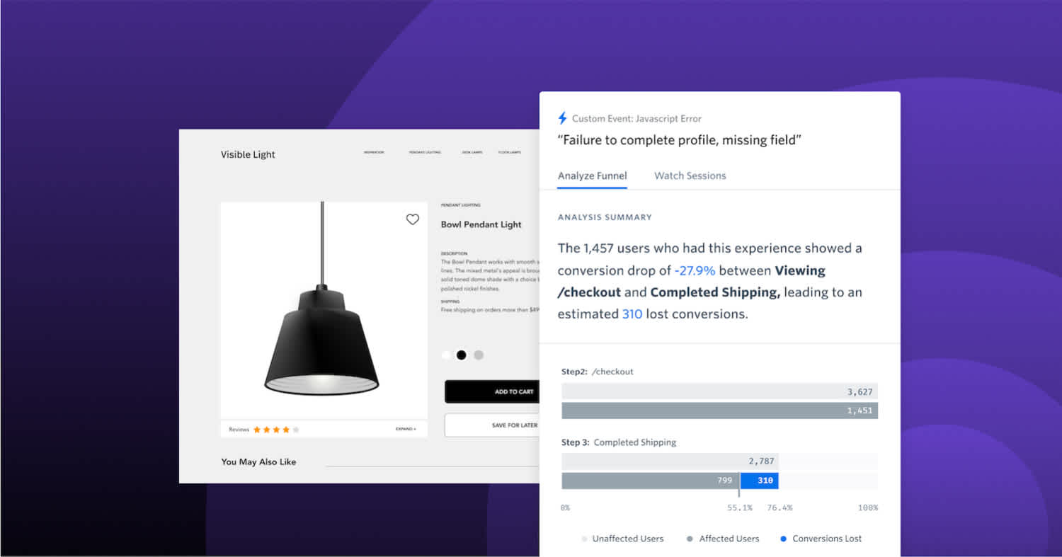 A FullStory dashboard showing decreased conversion rates because of poor UI design.