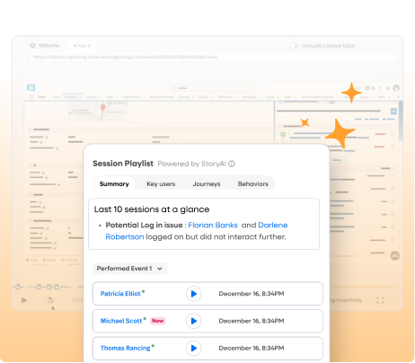 Session Playlist in Salesforce showing a 'Potential Log in issue', helping IT teams quickly pinpoint the root cause of internal app failures.