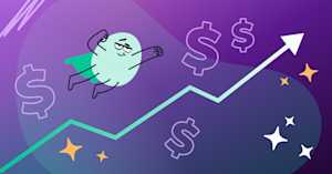 A caped mascot flies upward alongside a rising trend line and dollar signs, illustrating the increased efficiency and revenue that financial services organizations can achieve by proactively deflecting support tickets.