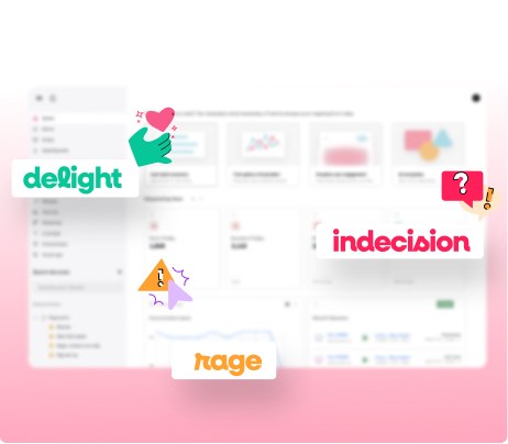 Fullstory dashboard view showcasing AI-powered sentiment labels: Delight, Rage, and Indecision, demonstrating the quantification of user emotion in behavioral data.