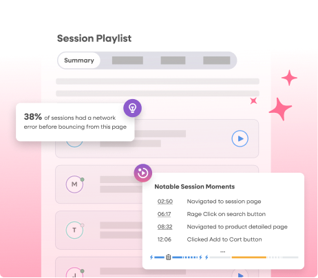 Session Playlist highlighting a network error before a user bounced, allowing teams to prioritize work that connects friction to measurable outcomes.