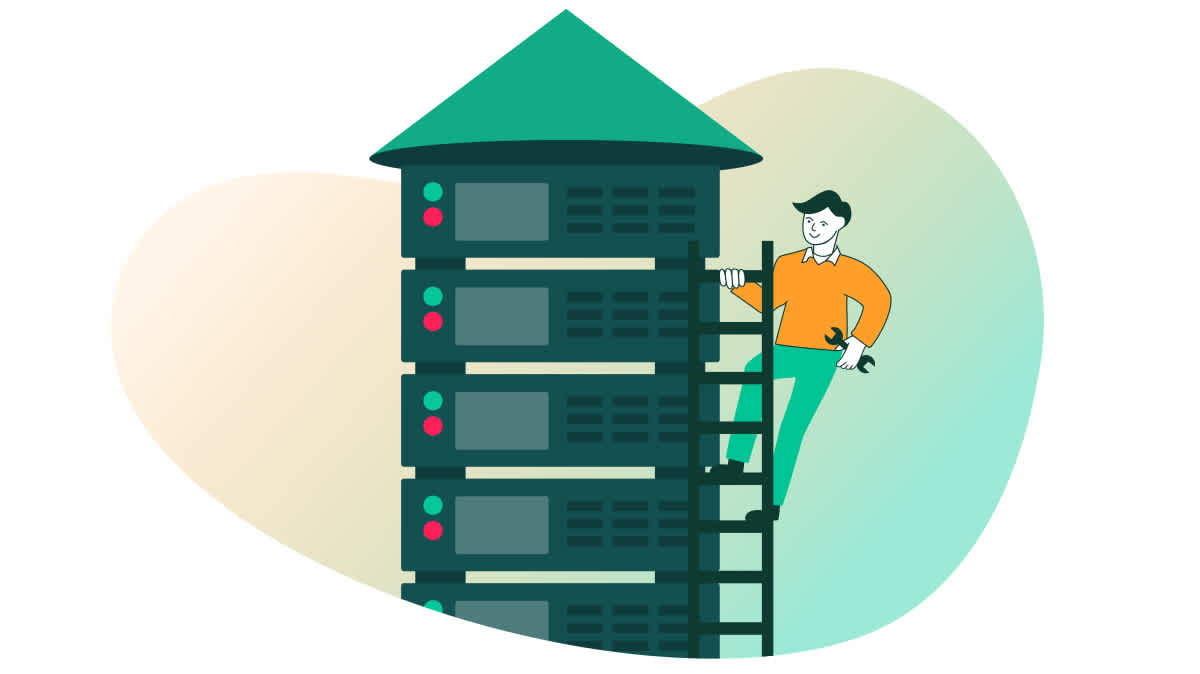 illustration of a man on a ladder holding a wrench, standing on the side of a silo - concept for solutions to breaking down data silos