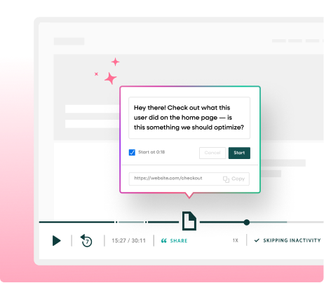 A Fullstory session replay interface with a prompt asking "Check out what this user did on the home page — is this something we should optimize?", illustrating customer experience optimization.