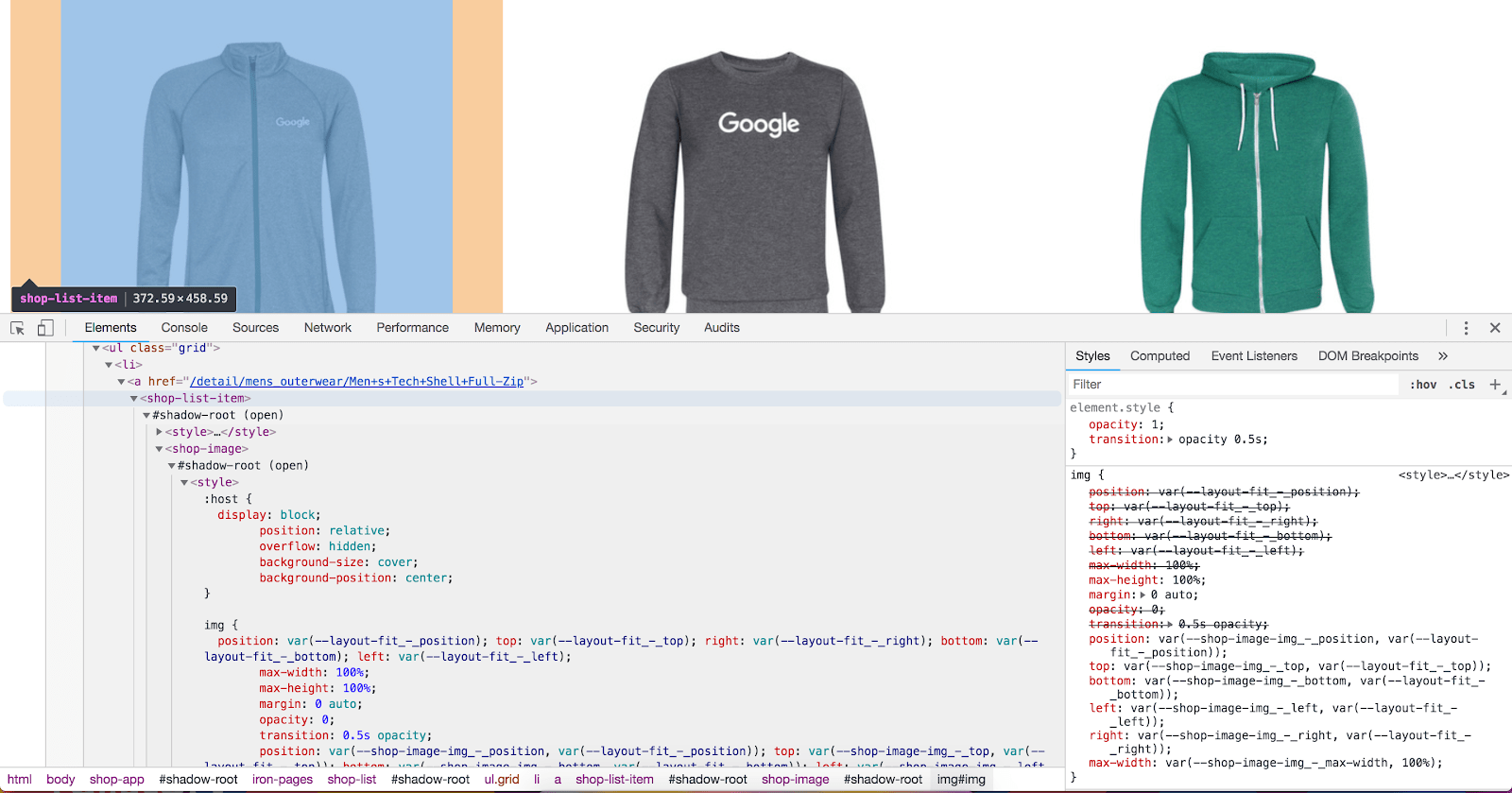 In this Polymer example <shop-list-item> is the custom HTML element and they're using nested Shadow DOMs, marked by #shadow-root (open)