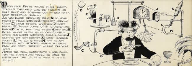 Self-operating napkin Rube Goldberg cartoon with caption