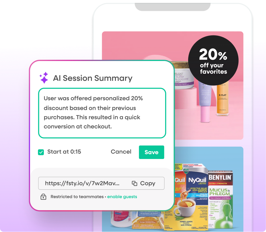 Mobile screen with an AI Session Summary noting that a user received a personalized 20% discount, providing customer support agents with context for a quick resolution.