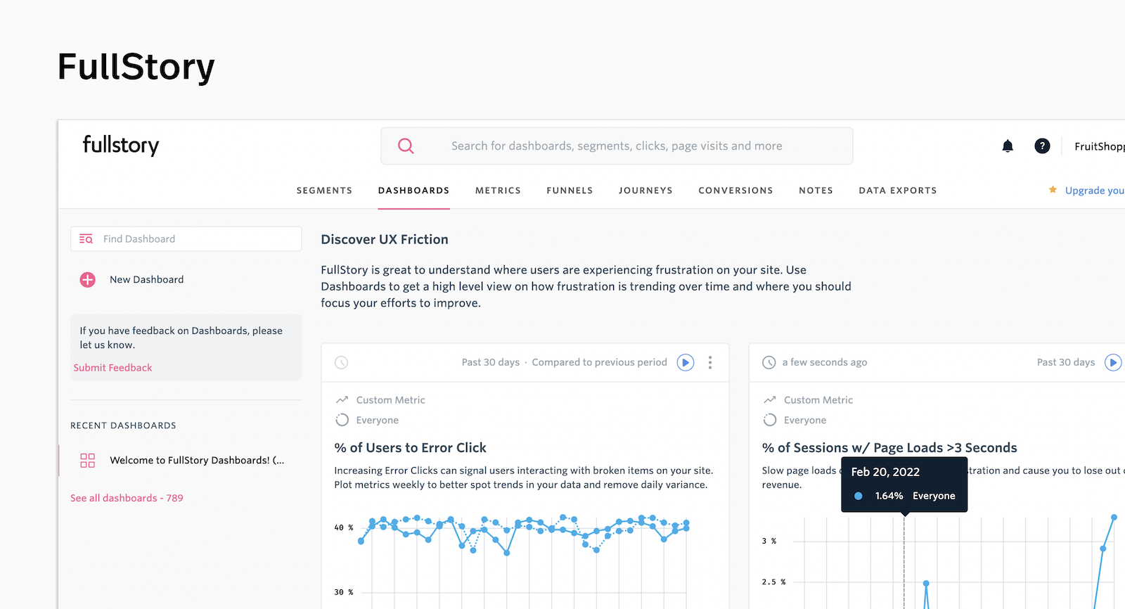 A user friction dashboard in FullStory.