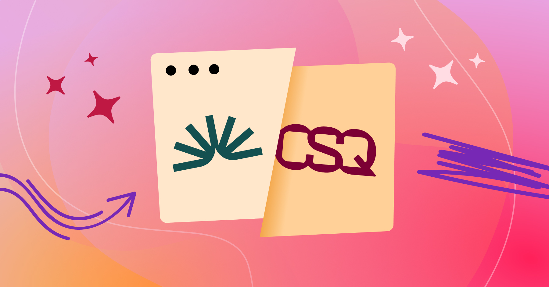 Illustration of two stylized web page layouts side by side on a colorful pink and orange gradient background, with arrows and sparkles suggesting comparison or transformation - a concept for Fullstory vs Contentsquare comparison.