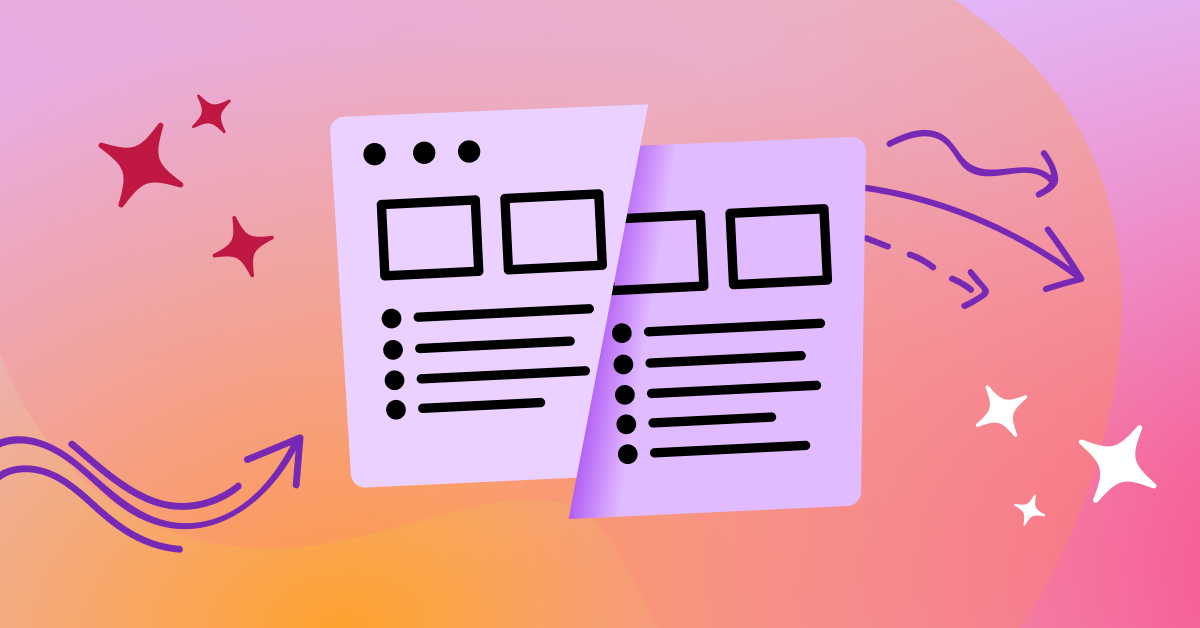 Illustration of two stylized web page layouts side by side on a colorful pink and orange gradient background, with arrows and sparkles suggesting comparison or transformation - a concept for Fullstory vs Contentsquare comparison.