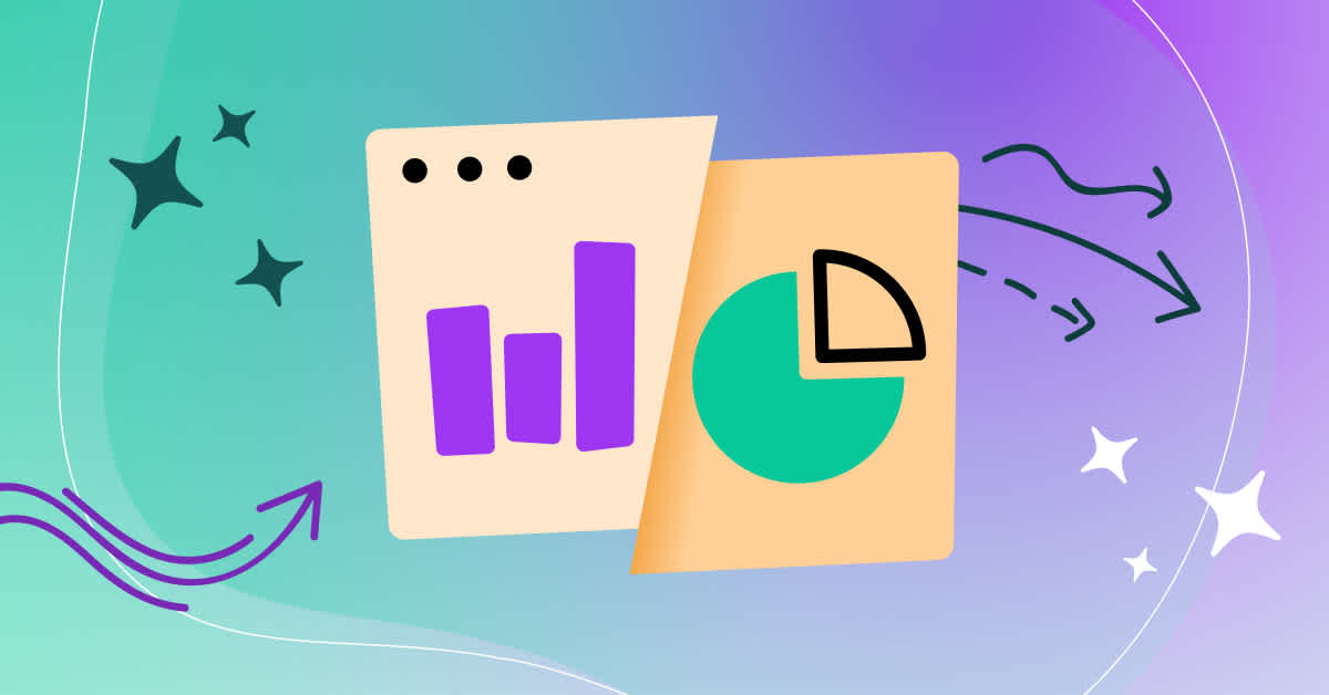 An abstract design featuring bar and pie charts with arrows, set against a colorful gradient background - conceptual image for Fullstory Alternatives