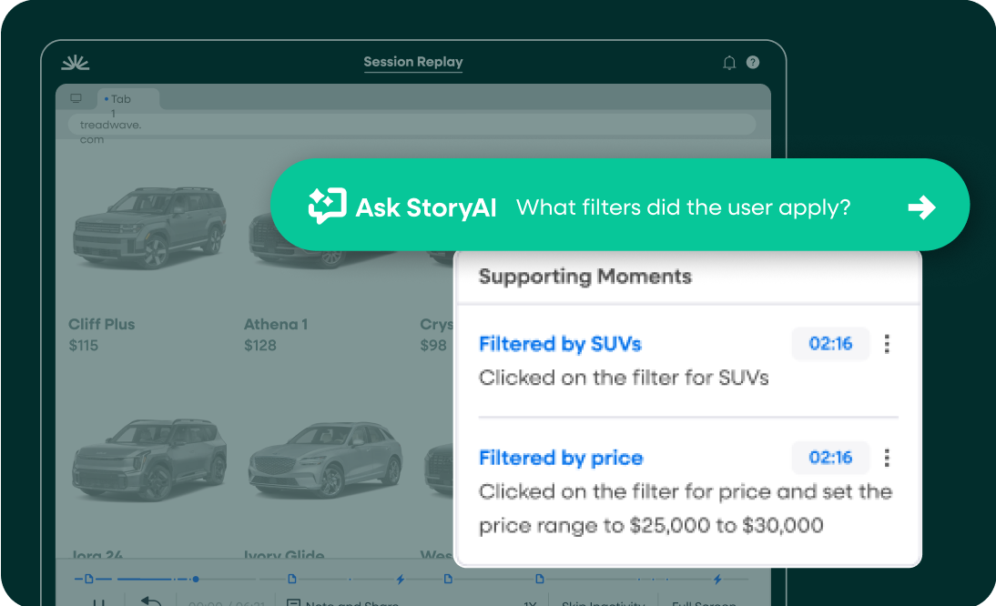 Session replay interface showing SUV filter selection and price range filter of $25,000 to $30,000 with timestamps.