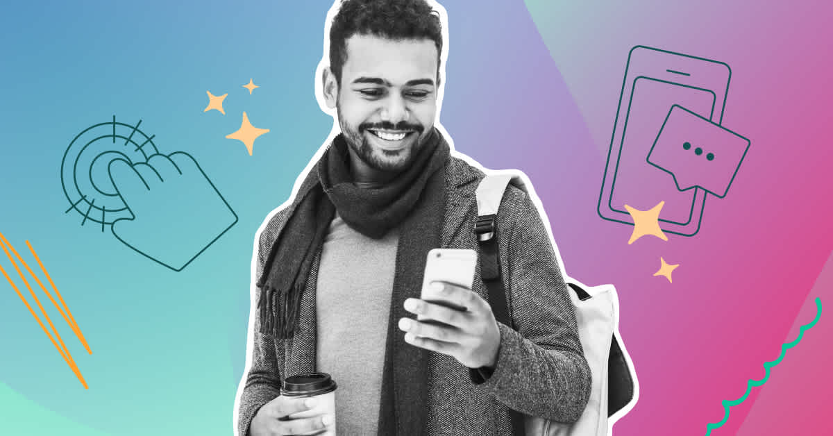 A young man is smiling while looking at his phone. He is surrounded by animated arrows and icons on a pink and purple background, representing predictive analytics and customer behavior insights in mobile engagement.