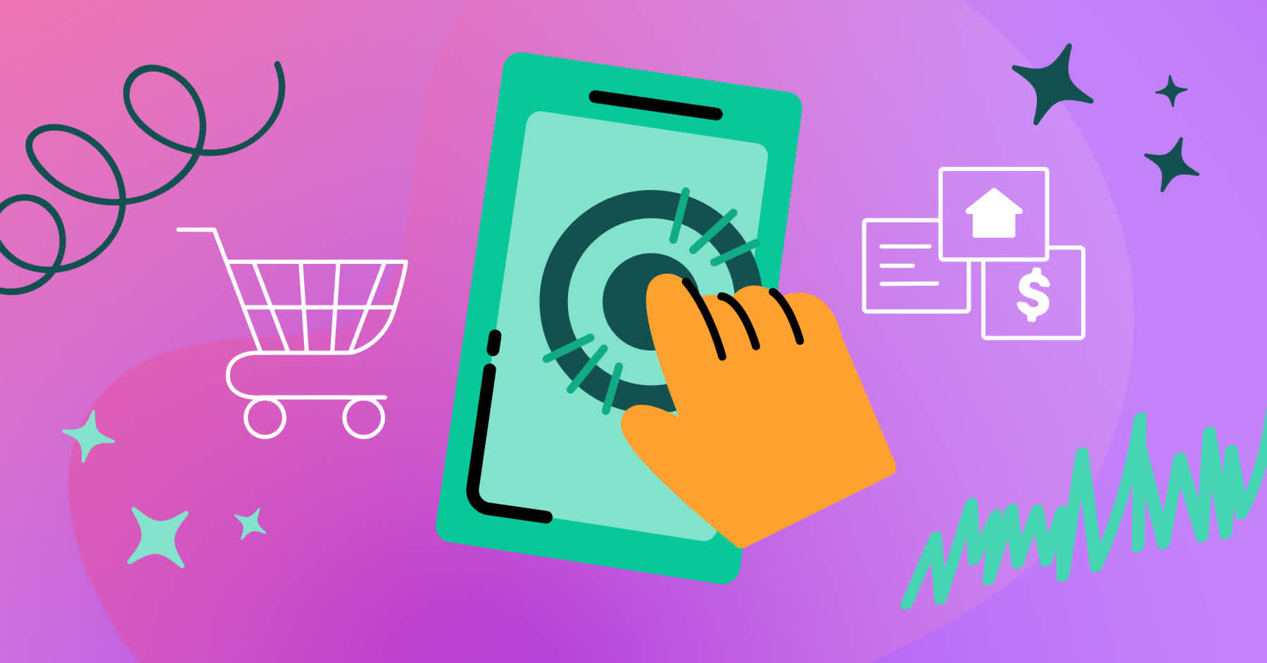 A stylized illustration about mobile app trends, showing a hand tapping a smartphone surrounded by icons for e-commerce and data.