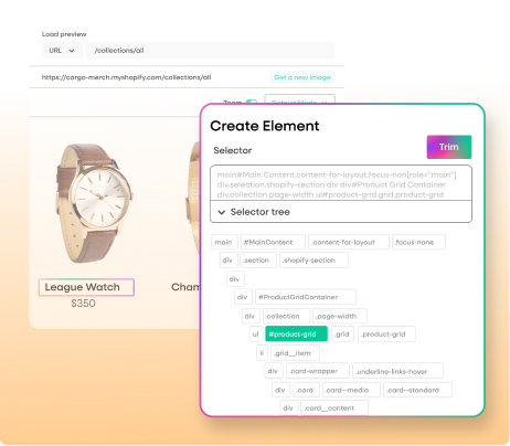 User interface for Create Element that displays the full HTML Selector tree for an element, illustrating how autocapture provides consistent naming and structured data for improved governance.