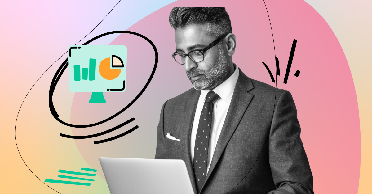 A business professional in a suit analyzes data on a laptop, with stylized graphics of charts and graphs in the background, representing behavioral metrics and digital performance insights.