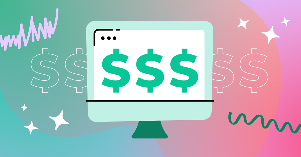 An illustration depicts a computer monitor with dollar signs, symbolizing SaaS spend management amidst wavy lines and starbursts on a vibrant pink, purple, and green background.