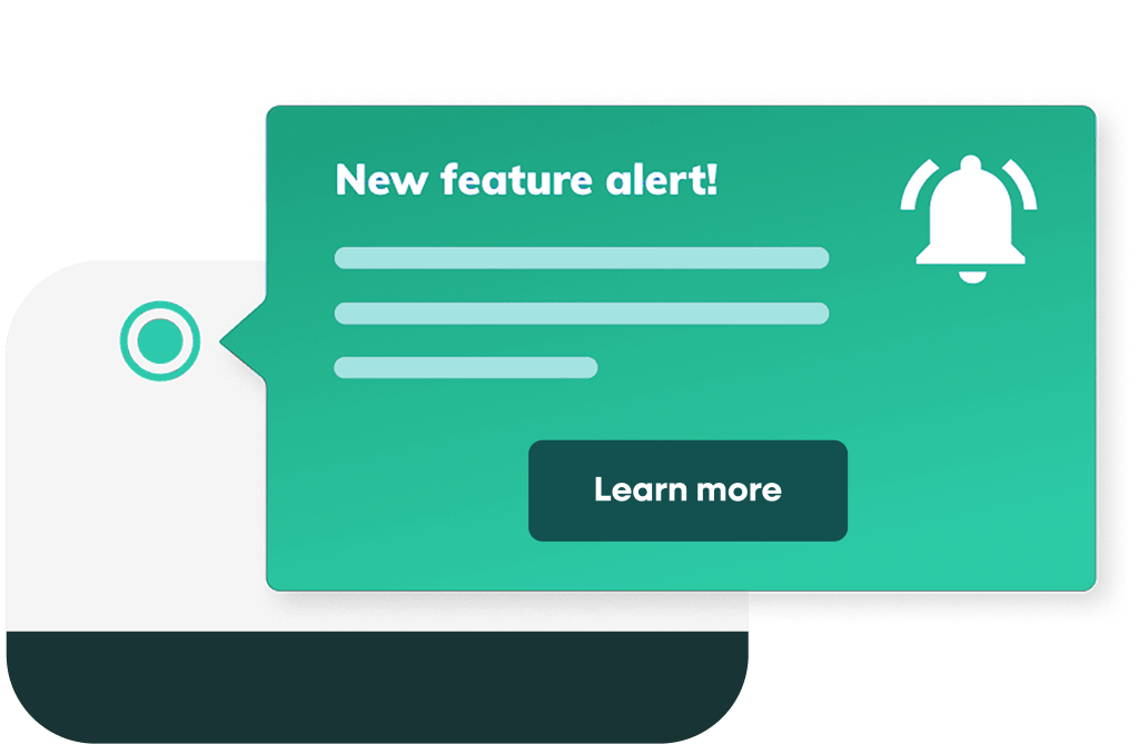 An in-app interface example of feature announcements where a hotspot triggers a 'New feature alert' tooltip featuring a notification bell and a 'Learn more' button.