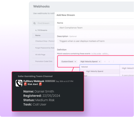 Webhook alert for online gambling operators, showing 'Medium Risk' for a user and triggering an intervention task.
