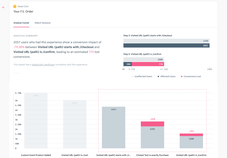 Automatic quantitative funnel analysis in the FullStory app