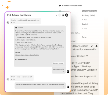 A live chat conversation showing an automated answer resolving a customer's product selection issue, demonstrating customer service and support deflection.