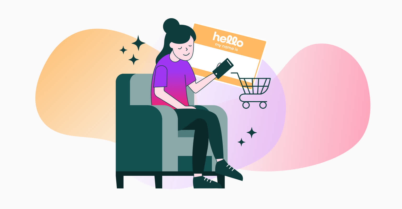 illustration of a woman sitting on a couch on her phone looking at her online shopping cart - a concept image of AI and personalized customer experience in ecommerce