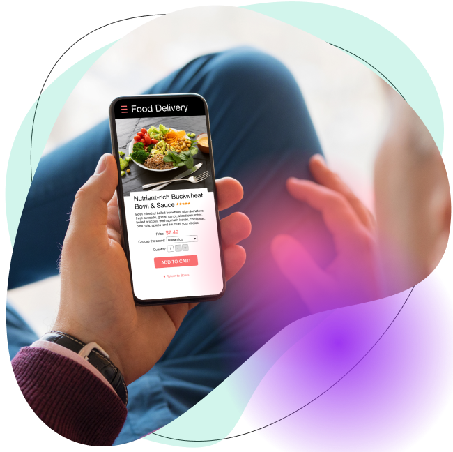 Hand holding a phone with a food delivery app (salad bowl and price)—a mobile ordering moment used for food and beverage analytics.