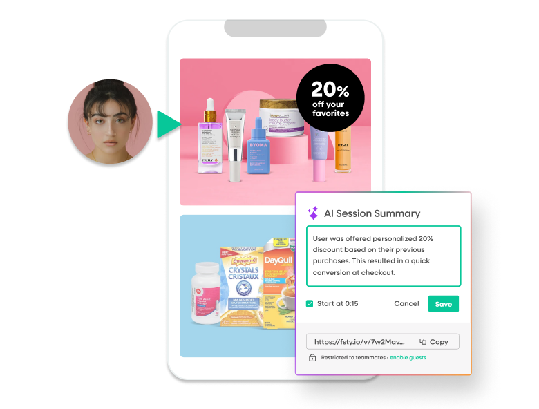 Smartphone screen with a “20% off” badge and an AI Session Summary popup explaining a personalized discount—showing how food and beverage analytics capture and share session insights for quick conversions.