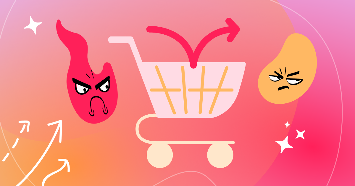 Illustration of a shopping cart surrounded by angry icons representing friction and frustration during the checkout process.