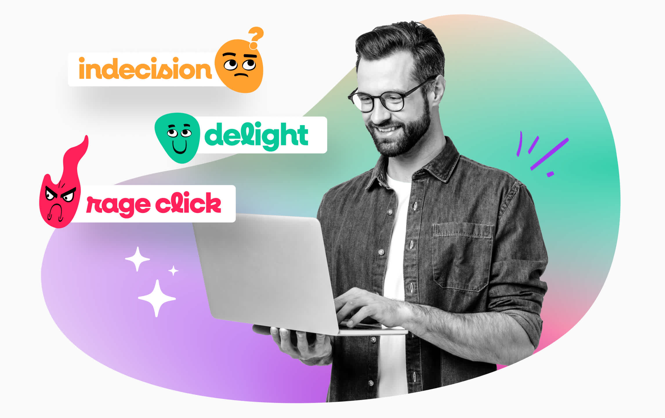 man in glasses holding laptop with various sentiments floating from the laptop - a concept image for customer sentiment analysis