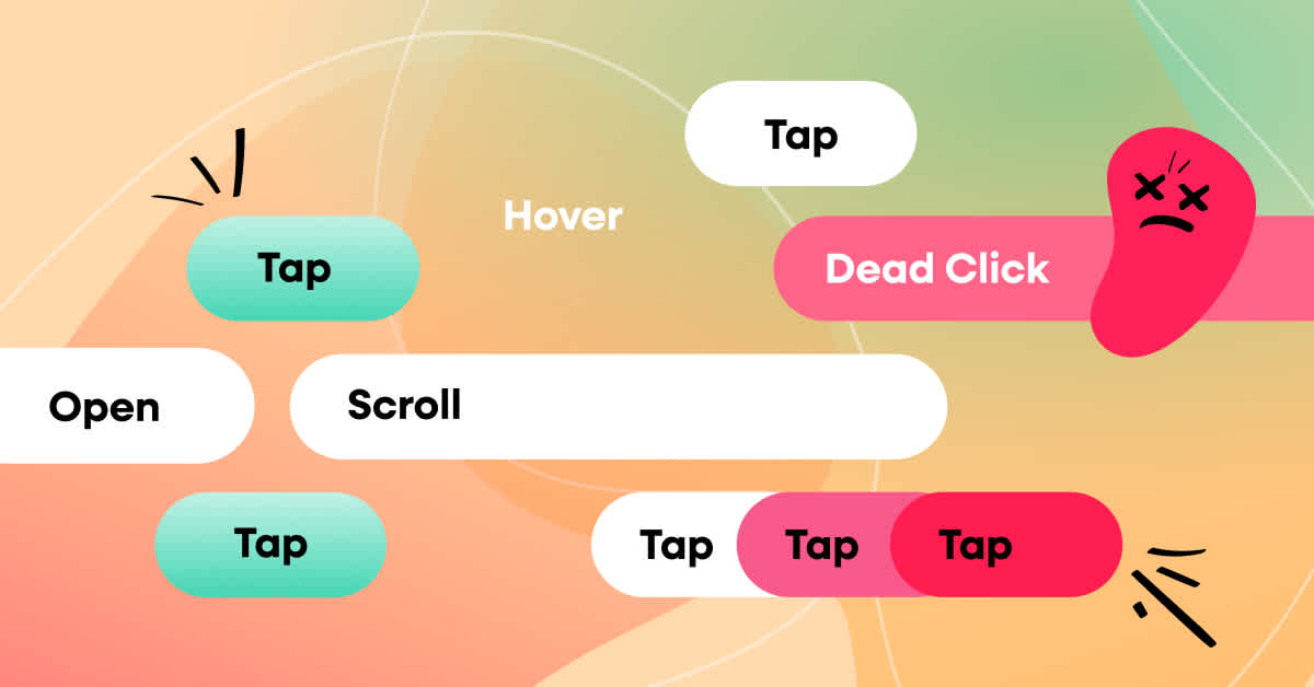 clickstream data concept illustration displaying various interaction elements in a stream of data like taps, hovers, dead clicks, and scrolls
