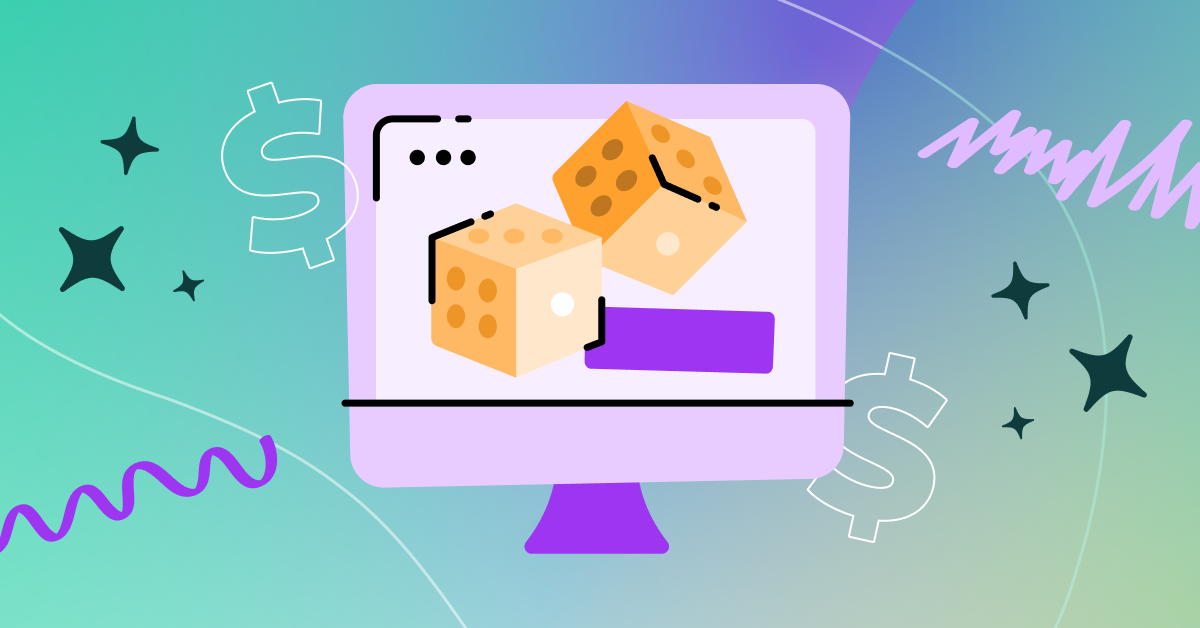 Illustration of two dice on a computer screen, with dollar signs and abstract shapes in the background, representing online gaming, digital betting, and the important of high-value player retention.