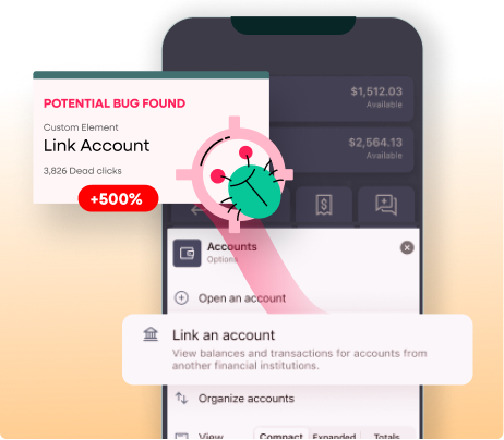 Mobile banking screen showing a 'POTENTIAL BUG FOUND' alert, including dead clicks on the 'Link Account' element, aiding Engineering in quick bug reproduction.