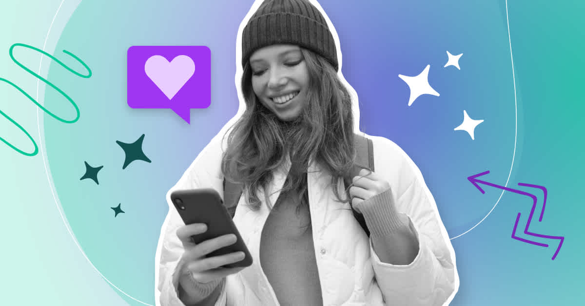 graphical photo of a woman wearing a beanie looking at her phone concept for product experience